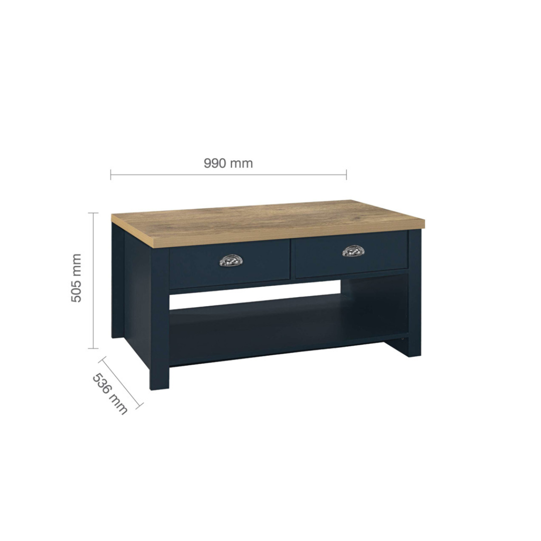 Lancaster 2 Drawer Coffee Table Navy Blue & Oak Effect