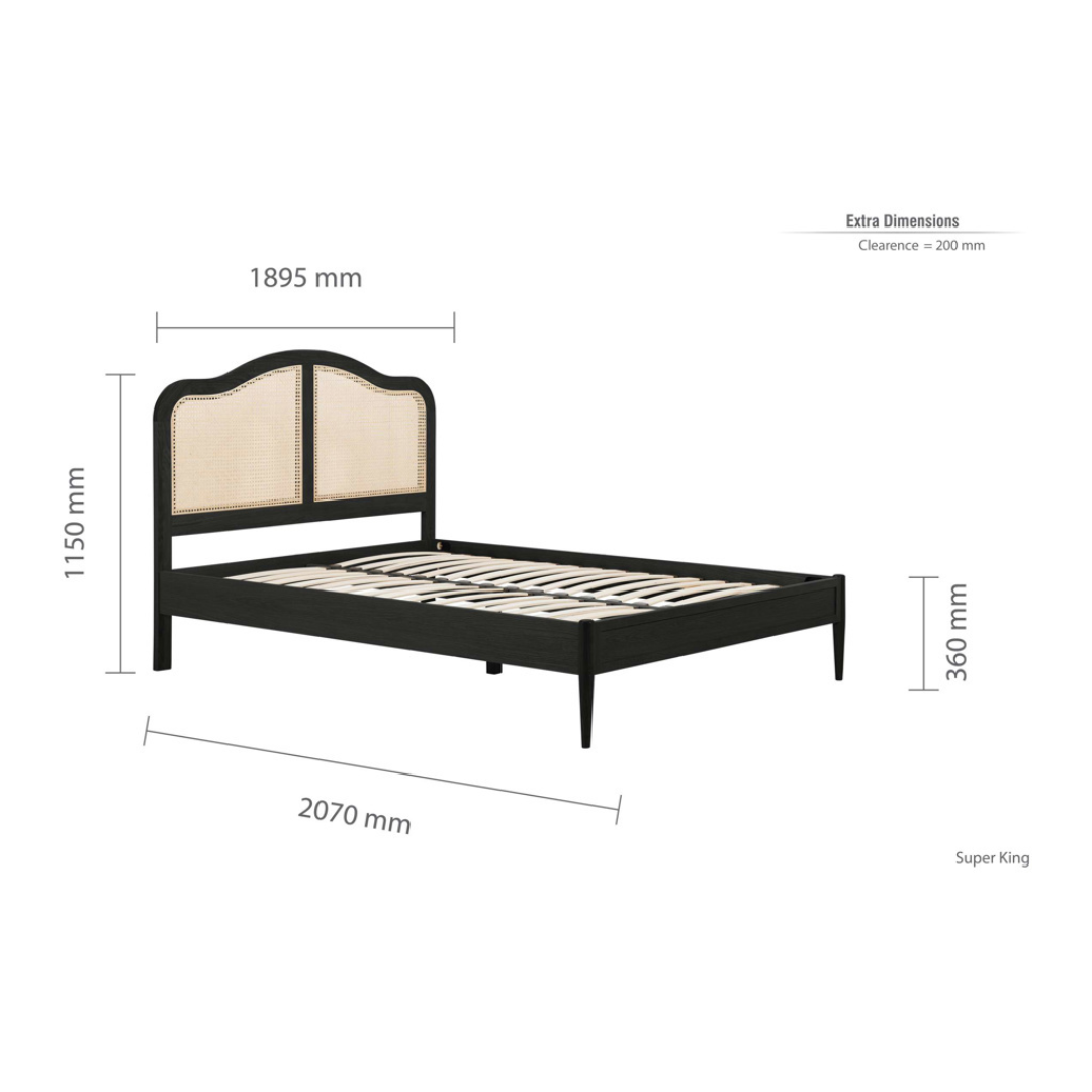 Leonie Solid Oak Rattan Bed Frame - Weathered Black Oak