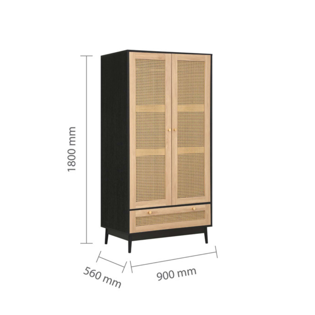 Marchesi 2 Door 1 Drawer Rattan Wardrobe Black