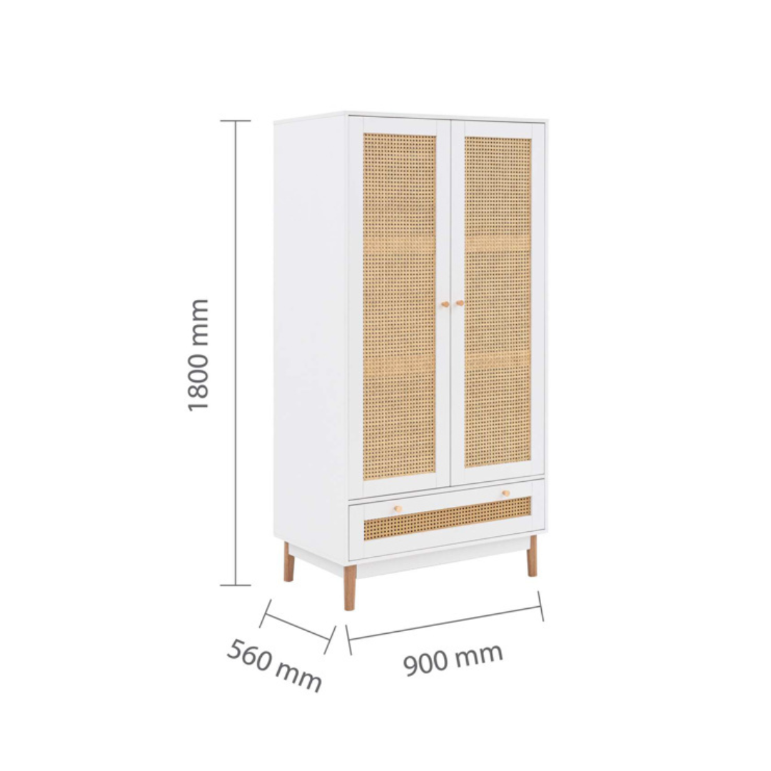Marchesi 2 Door 1 Drawer Rattan Wardrobe White