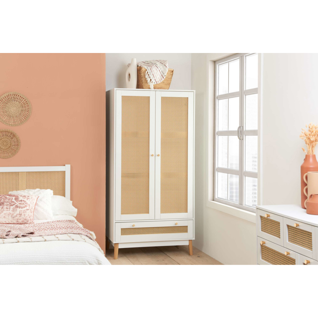 Marchesi 2 Door 1 Drawer Rattan Wardrobe White