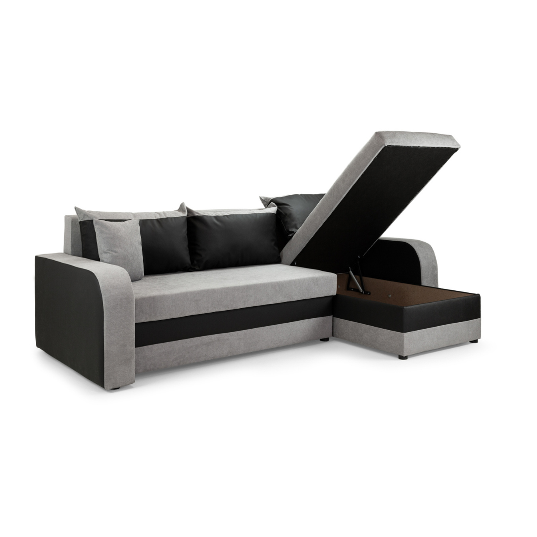 Pirlo Grey Fabric & Black PVC Universal Corner Sofa Bed