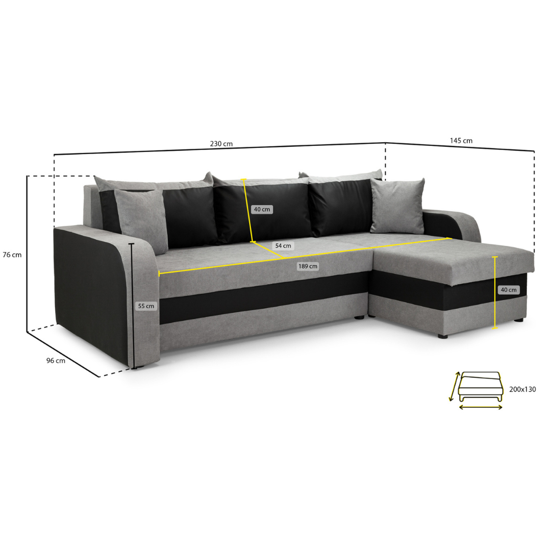 Pirlo Grey Fabric & Black PVC Universal Corner Sofa Bed