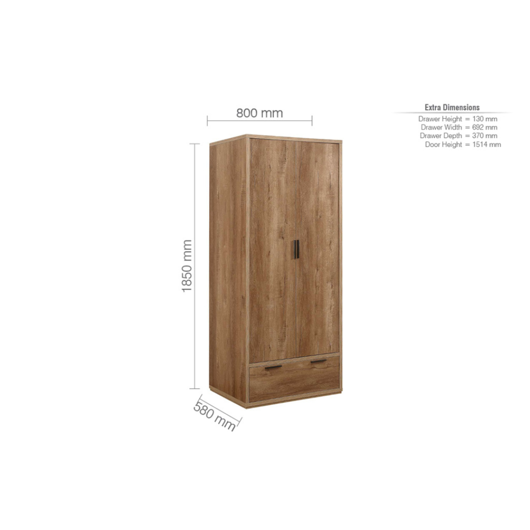Stockwell 2 Door 1 Drawer Wardrobe - Rustic Oak Effect