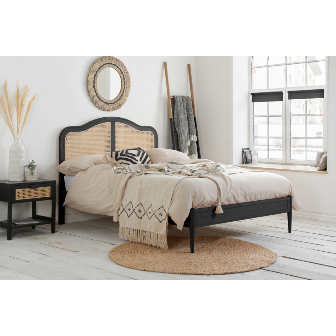 Leonie Solid Oak Rattan Bed Frame - Weathered Black Oak