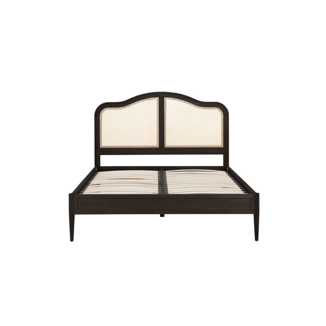 Leonie Solid Oak Rattan Bed Frame - Weathered Black Oak