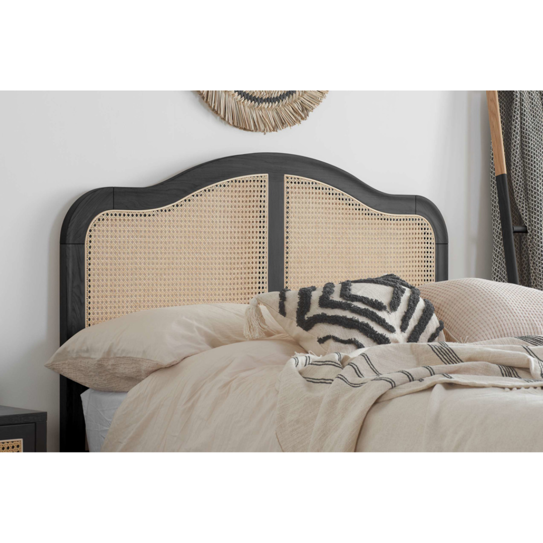 Leonie Solid Oak Rattan Bed Frame - Weathered Black Oak