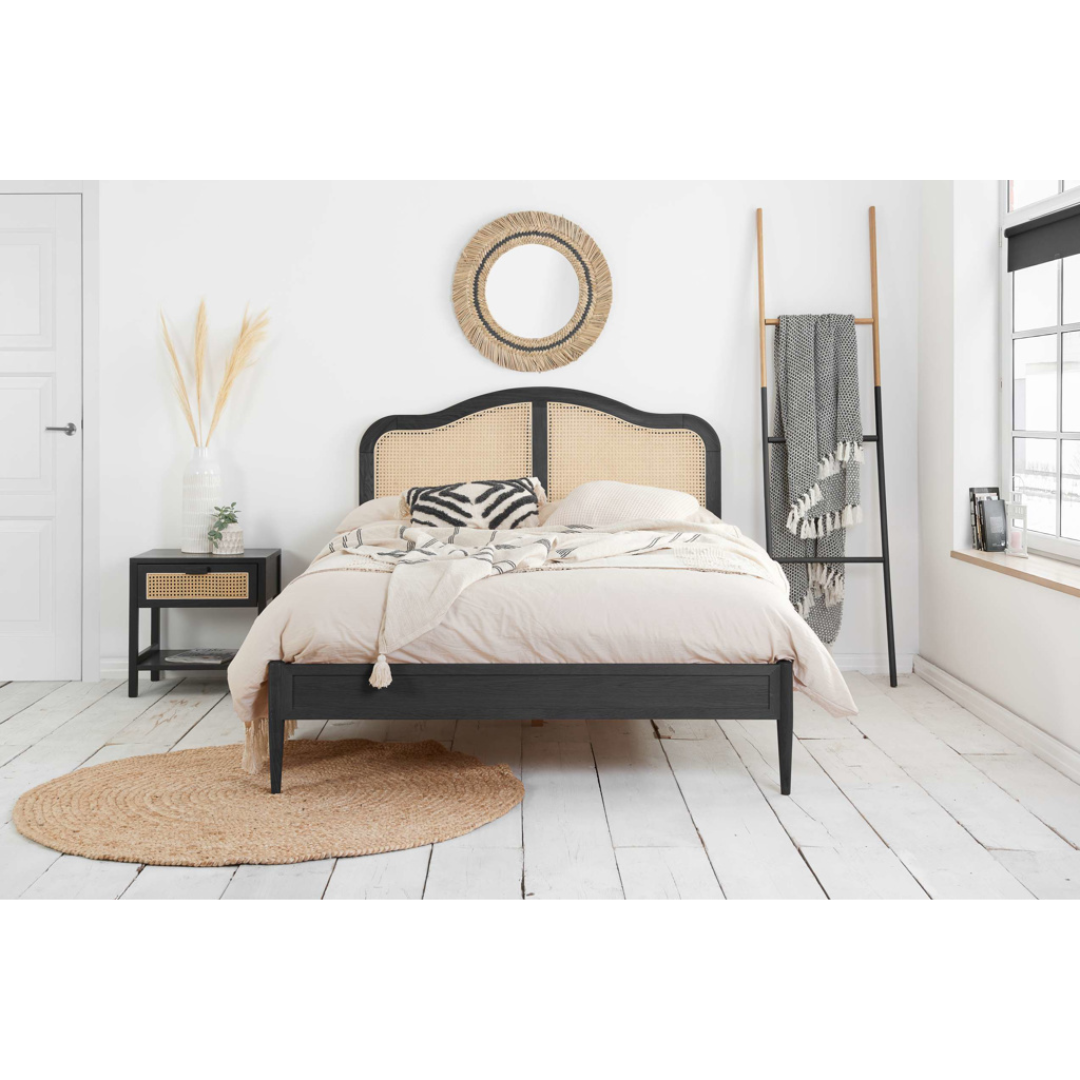 Leonie Solid Oak Rattan Bed Frame - Weathered Black Oak